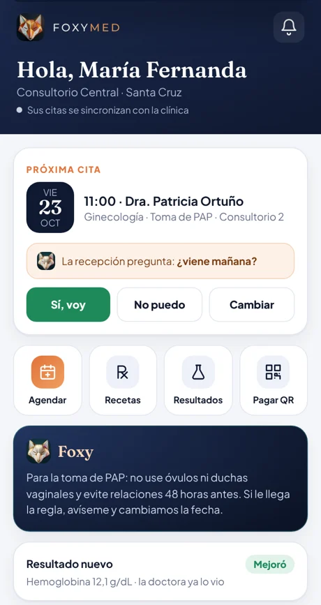 App FoxyMed Personal: próxima cita con la pregunta ¿viene mañana?, accesos a agendar, recetas, resultados y pagar con QR